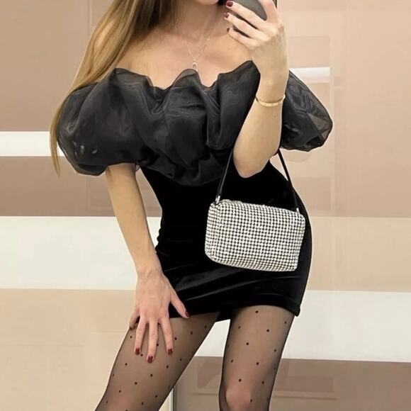 NWOT Zara Voluminous Organza Velvet Black Mini Dress Off Shoulder Size Small - Picture 1 of 12